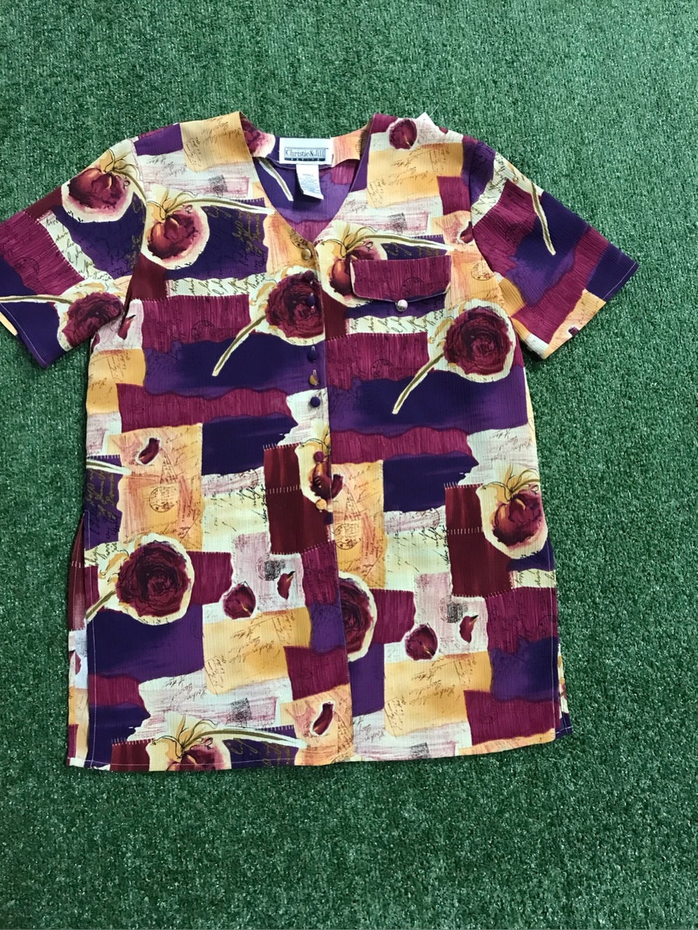 Colorful Floral Patchwork Short-Sleeve Blouse